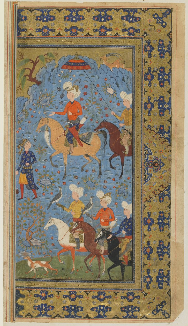 फिरदौसी द्वारा शाहनामा (राजाओं की पुस्तक) से एक रॉयल हंट, c.1590-1600 (स्याही, अपारदर्शी जल रंग और कागज पर सोना) द्वारा फारसी स्कूल