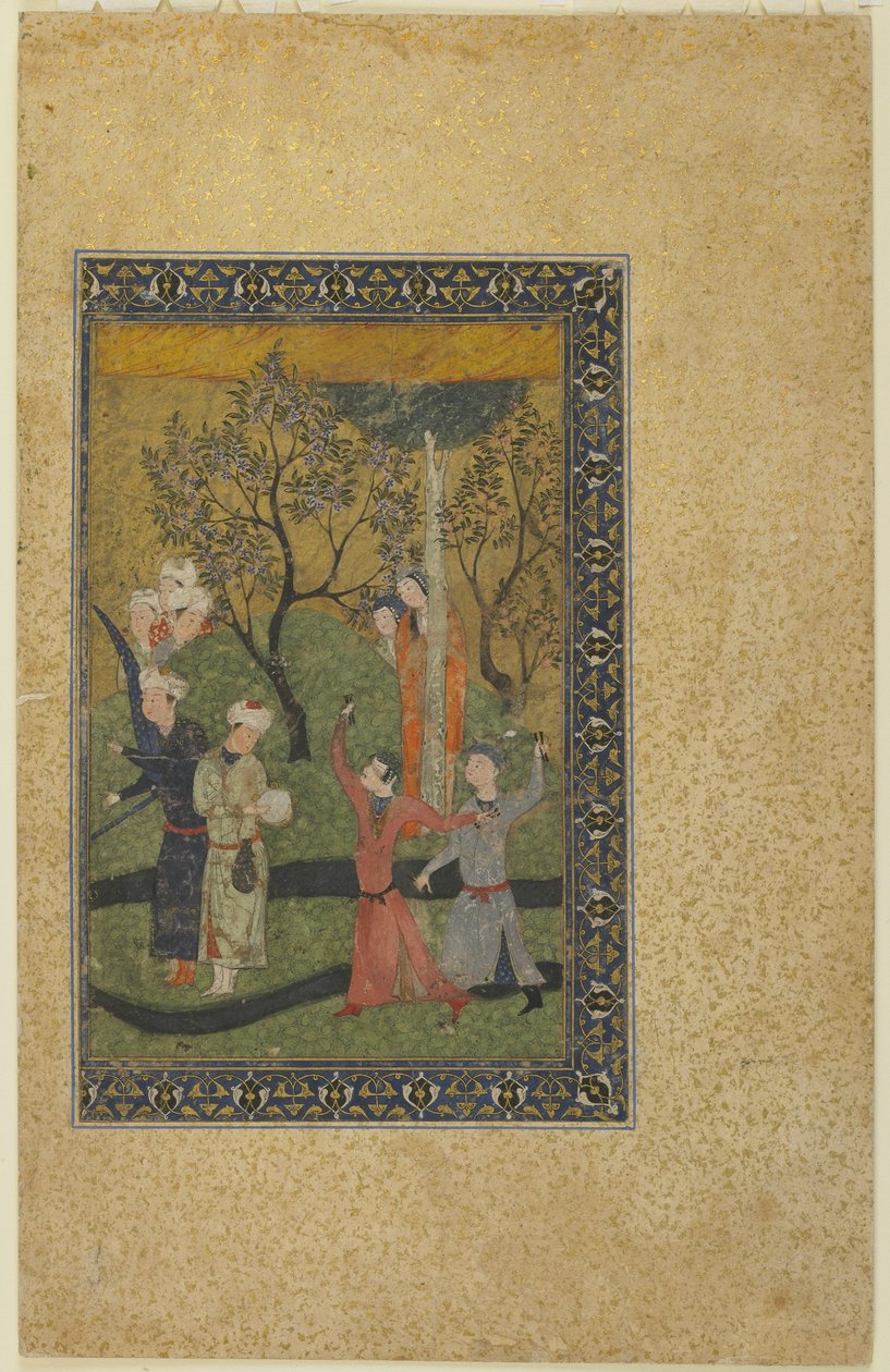 एक राजकुमार और राजकुमारी एक बगीचे में दरबारियों से घिरे, c.1480 द्वारा फारसी स्कूल