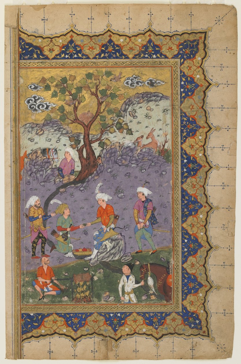 एक राजकुमार परिचारिकाओं के साथ एक परिदृश्य में बैठा, c.1600 द्वारा फारसी स्कूल
