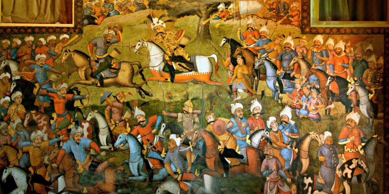 तहर-अबद की लड़ाई या मुहम्मद शायबानी खान, रिसेप्शन हॉल, चेहल सोतुन, 1647 में शाह इस्माइल की जीत के साथ मर्व की लड़ाई द्वारा फारसी स्कूल