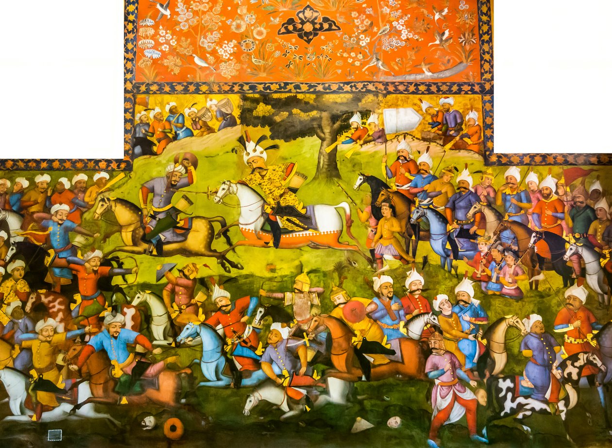 तहर-अबद की लड़ाई या मुहम्मद शायबानी खान, रिसेप्शन हॉल, चेहल सोतुन, 1647 में शाह इस्माइल की जीत के साथ मर्व की लड़ाई द्वारा फारसी स्कूल