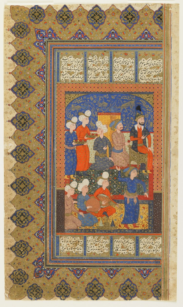 फिरदौसी के शाहनामा (राजाओं की पुस्तक) से लुहारसप के साथ कुलपति, c.1590-1600 (स्याही, अपारदर्शी जल रंग और कागज पर सोना) द्वारा फारसी स्कूल
