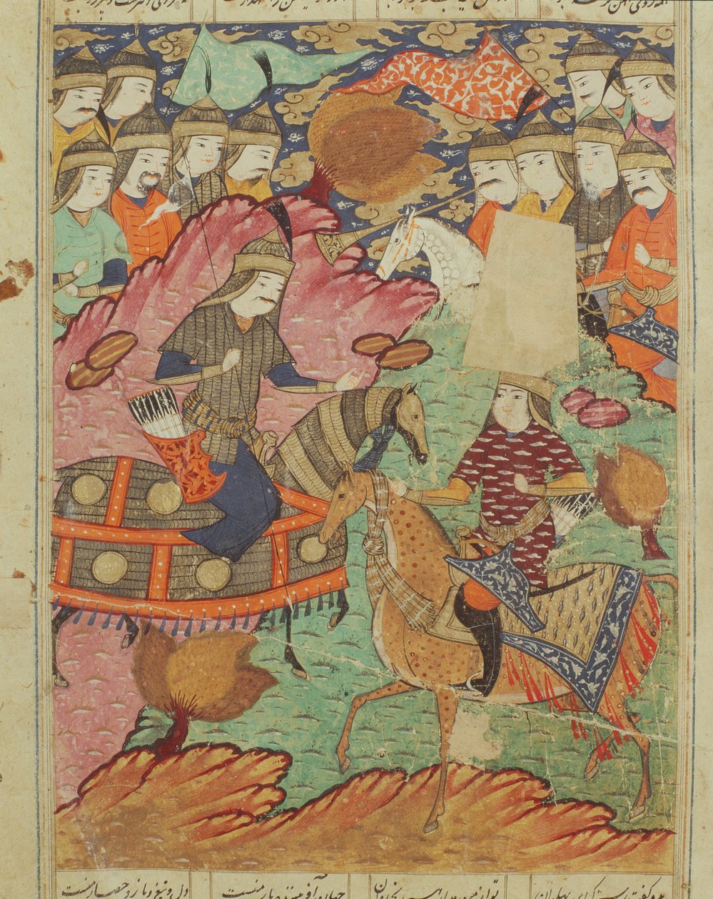 रुस्तम और अफरासीब के बीच घोड़े पर द्वंद्वयुद्ध, अबुल-कासिम मनूर फ़िरदावी द्वारा शाहनामा (राजाओं की पुस्तक) का चित्रण (c.934-c.1020) 1619 द्वारा फारसी स्कूल