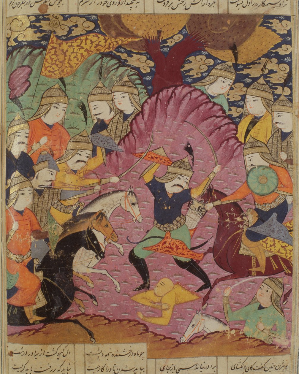 बहराम और तज़ाव के बीच लड़ाई, अबुल-कासिम मनूर फ़िरदावी द्वारा शाहनामा (किंग ऑफ़ बुक) का चित्रण (c.934-c.1020) 1619 द्वारा फारसी स्कूल