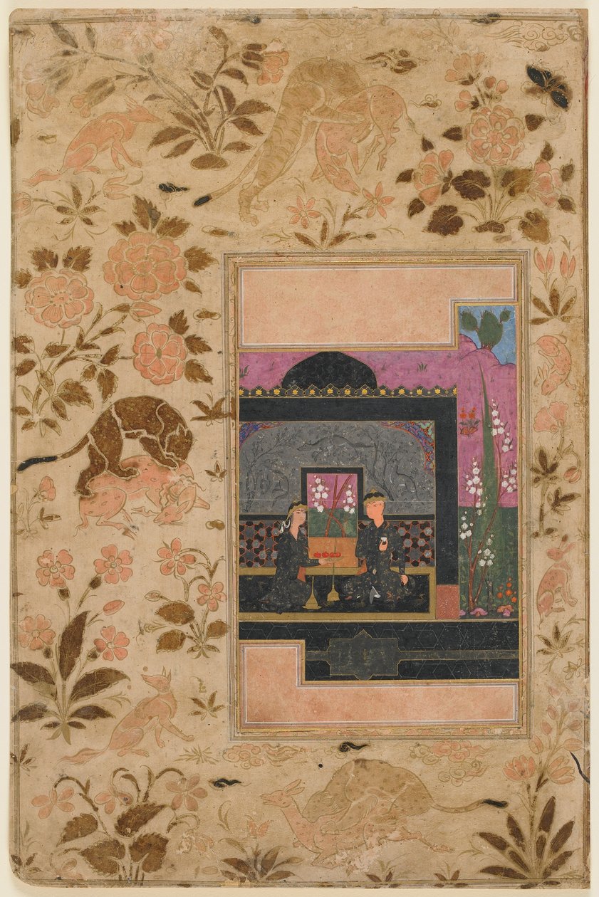 एक हफ़्ते पयार से फोलियो; बहराम गुरु और राजकुमारी काले मंडप में, क़ज़विन, ईरान, सी, 1590 (कागज पर अपारदर्शी जल रंग, स्याही और सोना) द्वारा फारसी स्कूल