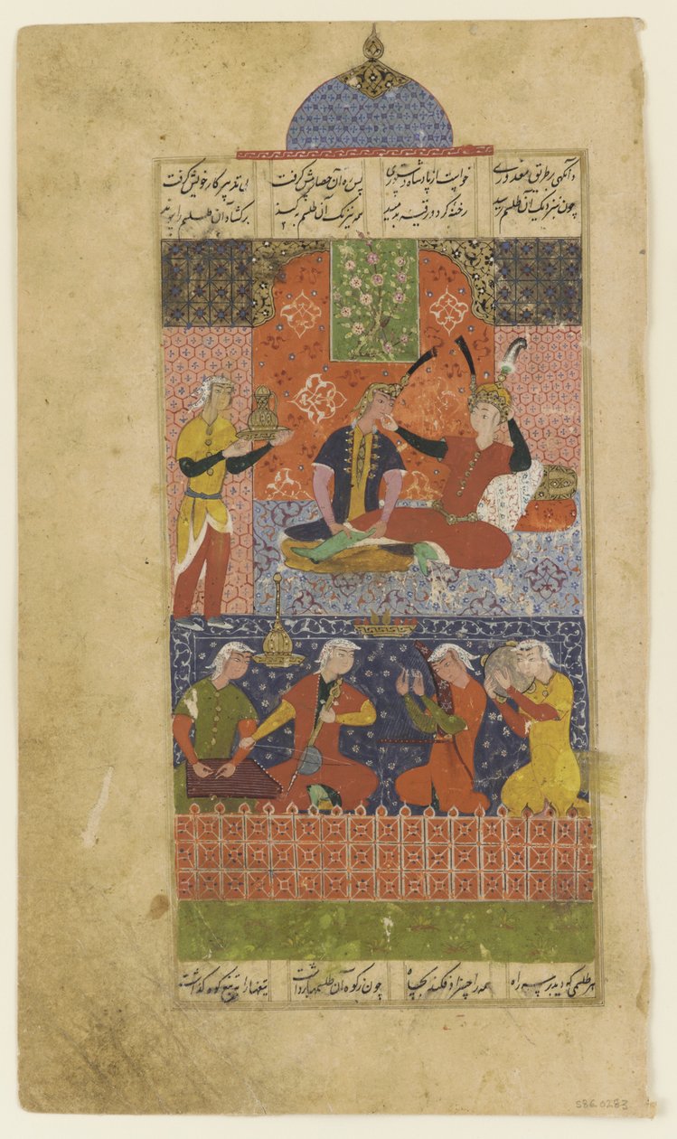 एक खमसा से फोलियो: बहराम गुरु और लाल मंडप में राजकुमारी, c.1560 द्वारा फारसी स्कूल