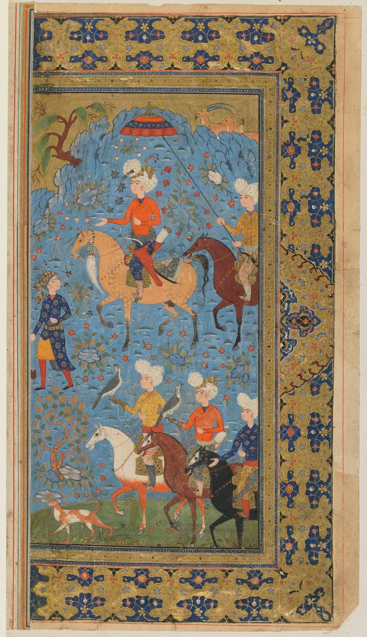 फिरदौसी द्वारा एक शाहनामा (किंग्स की पुस्तक) से फोलियो; एक रॉयल हंट, ईरान, c.1590-1600 (अपारदर्शी जल रंग, कागज पर स्याही और सोना) द्वारा फारसी स्कूल