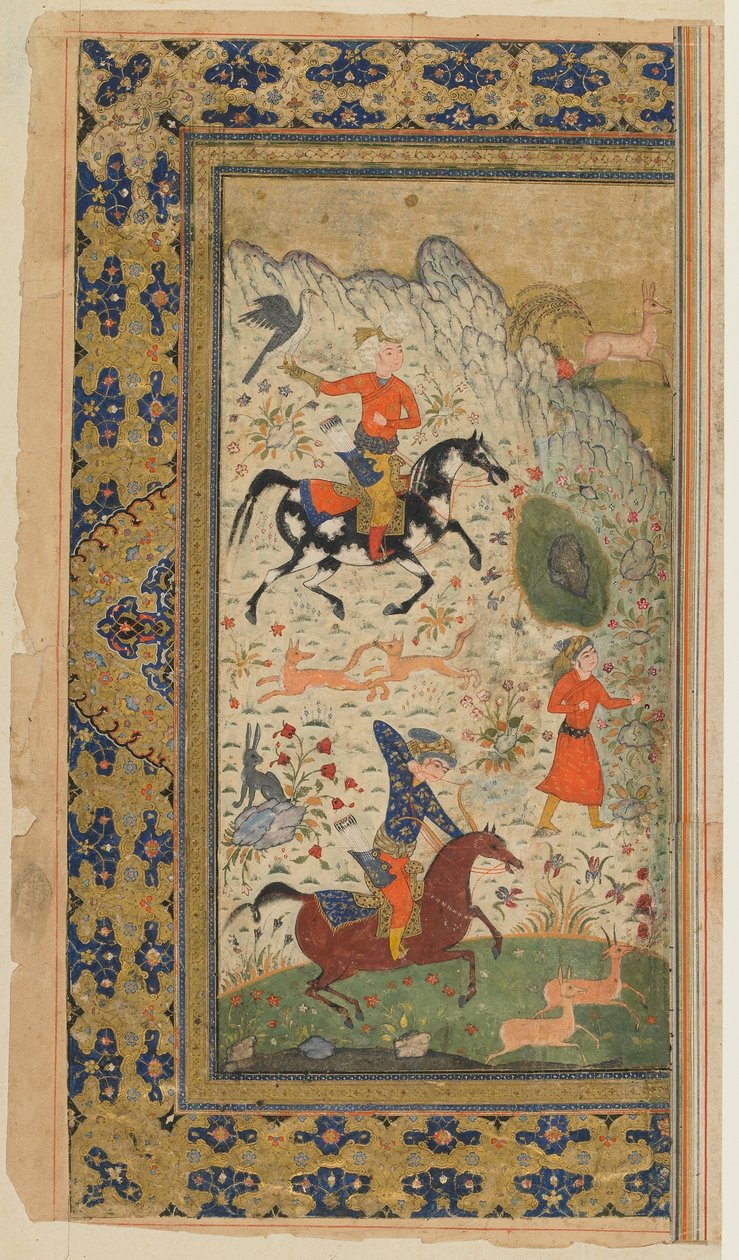 फिरदौसी द्वारा एक शाहनामा (किंग्स की पुस्तक) से फोलियो; एक रॉयल हंट, ईरान, c.1590-1600 (अपारदर्शी जल रंग, कागज पर स्याही और सोना) द्वारा फारसी स्कूल