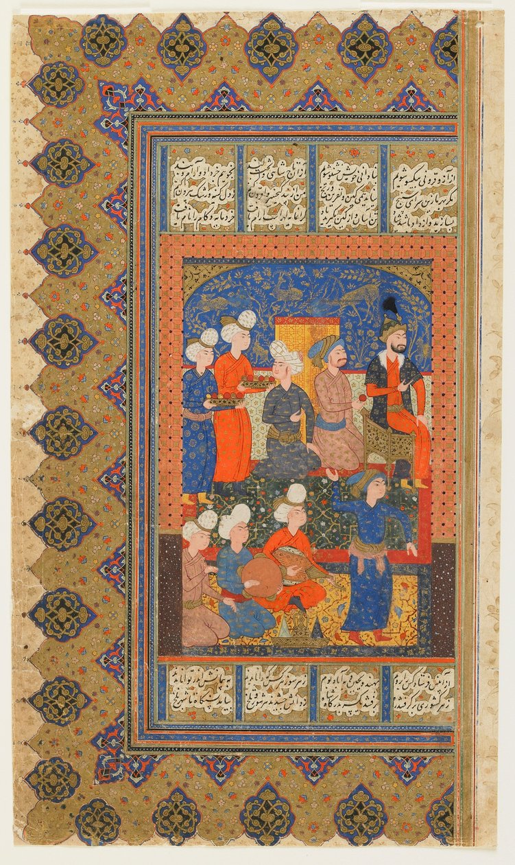 फिरदौसी द्वारा एक शाहनामा (किंग्स की पुस्तक) से फोलियो; रेक्टो: लुहारसप एंज्वायर्ड, ईरान, c.1590-1600 (अपारदर्शी जल रंग, स्याही और कागज पर सोना) द्वारा फारसी स्कूल