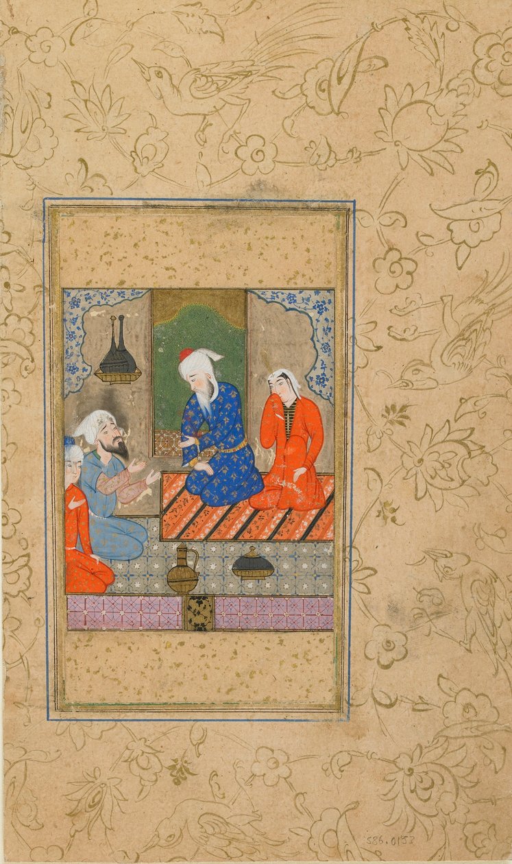 जामी द्वारा एक यूसुफ यू ज़ुलायखा से फोलियो (1414); ज़ुलैखा और एक बुजुर्ग आदमी एक वार्तालाप को सुनें, संभवतः मशहद, ईरान, c.1560-70 (अपारदर्शी जल रंग, कागज पर स्याही और सोना) द्वारा फारसी स्कूल