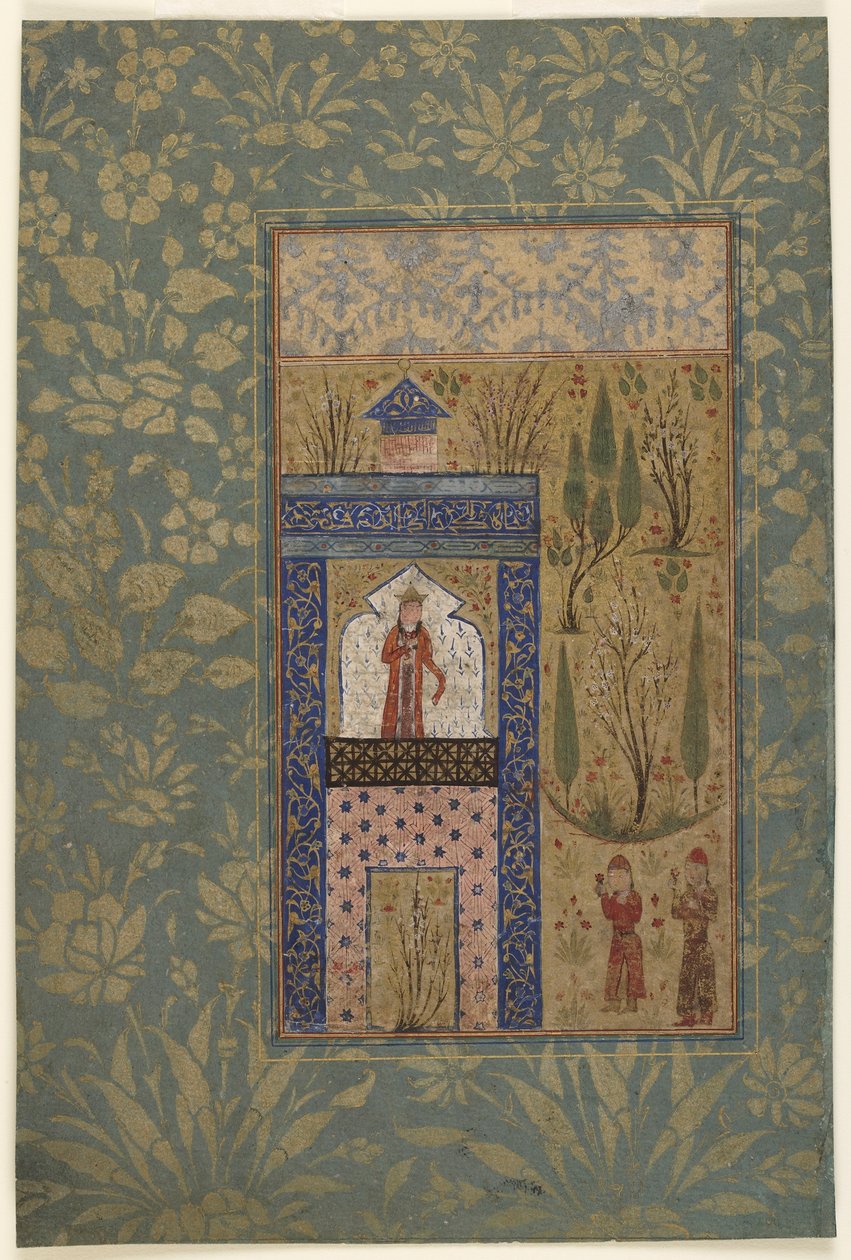 एंथोलॉजी से फोलियो; एक खिड़की पर एक राजकुमारी से पहले दो युथ, ईरान, 1417-18 (कागज पर अपारदर्शी जल रंग और सोना) द्वारा फारसी स्कूल