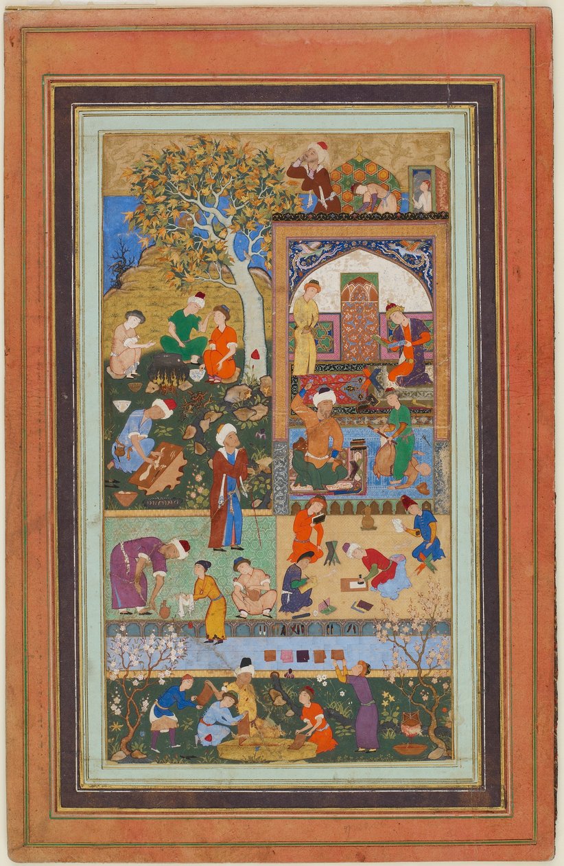 एक एल्बम से फोलियो; एक स्कूल दृश्य, तबरीज़, ईरान, सफ़वीद काल, c.1540 (कागज पर अपारदर्शी जल रंग, स्याही और सोना) द्वारा फारसी स्कूल