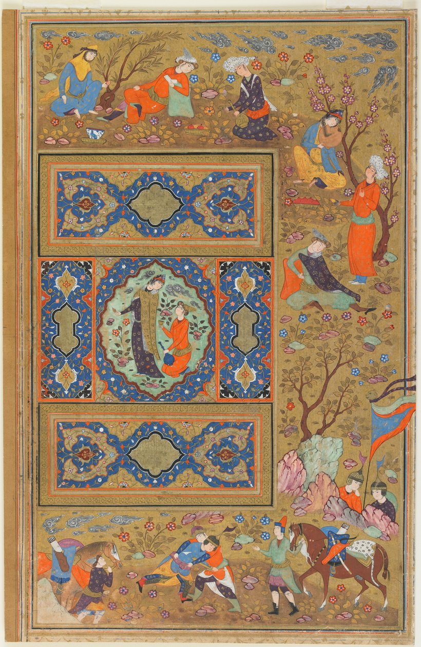 एक एल्बम से फोलियो; छंद: प्रेमियों की एक जोड़ी, इस्फ़हान, ईरान, सफ़वीद अवधि, 1590-1610 (कागज पर अपारदर्शी जल रंग, स्याही और सोना) द्वारा फारसी स्कूल