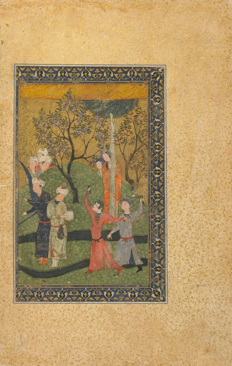 अज्ञात पाठ से फोलियो; एक गार्डन, ईरान, तुर्कमान काल, c.1480 (अपारदर्शी जल रंग, स्याही, और कागज पर सोना) में कोर्टियर्स द्वारा घेर लिया गया एक राजकुमार और राजकुमारी द्वारा फारसी स्कूल