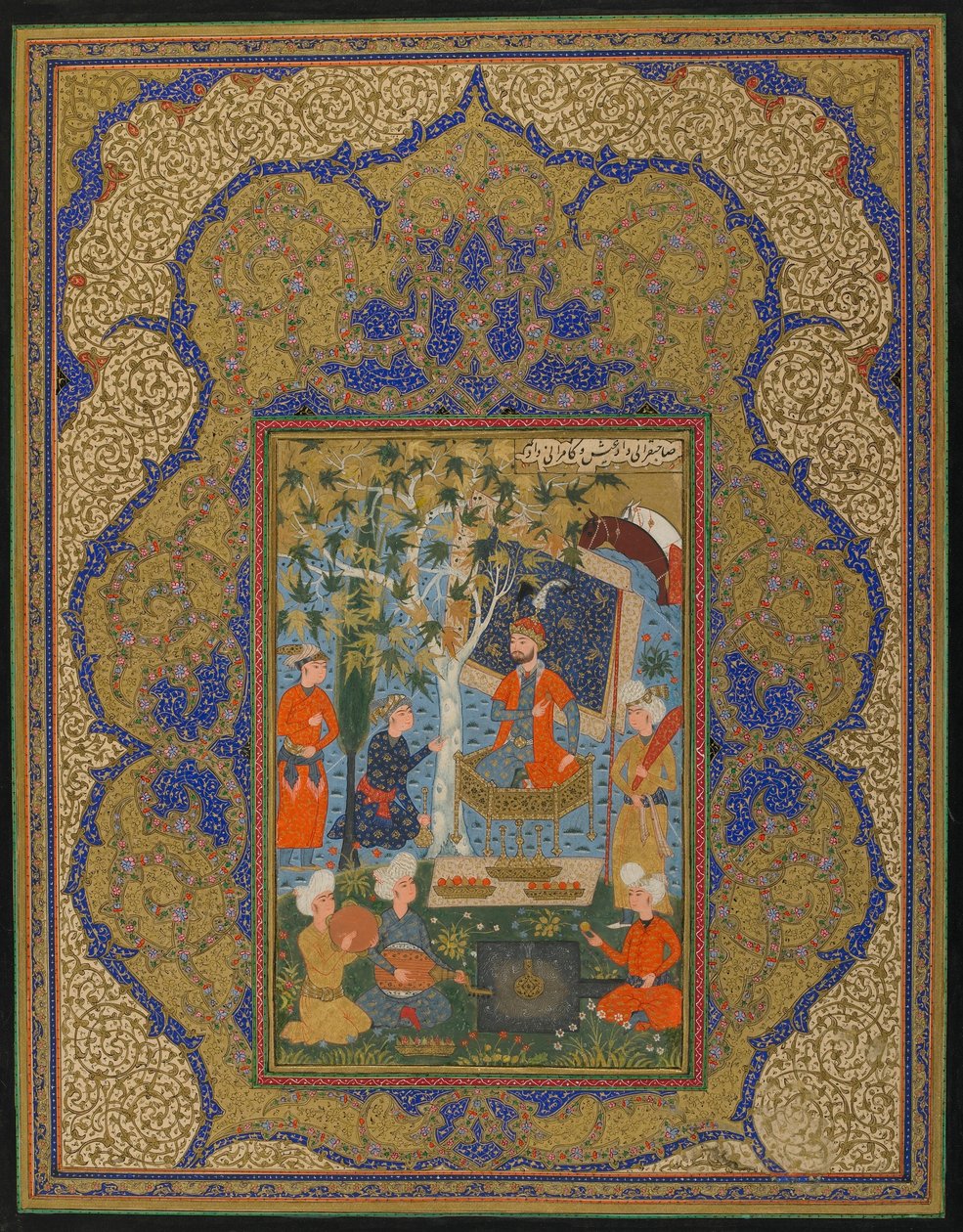 अज्ञात पाठ से फोलियो; एक शासक, संभवतः खुरासान, ईरान, c.1590 (अपारदर्शी जल रंग, स्याही और सोने के रंग) द्वारा फारसी स्कूल