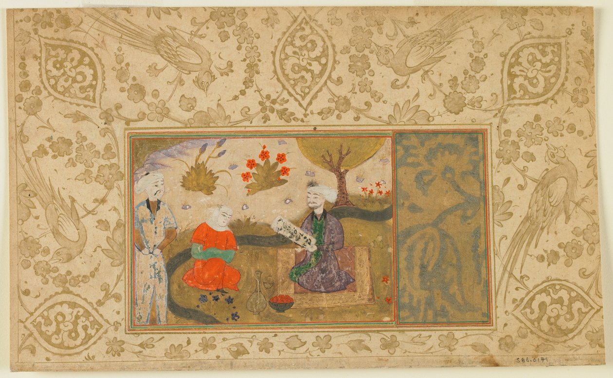 अज्ञात पाठ से फोलियो; एक महिला एक स्ट्रीम, ईरान, c.1500 (अपारदर्शी पानी के रंग, स्याही और सोने पर सोने) द्वारा बैठे आदमी के साथ बातचीत करती है द्वारा फारसी स्कूल