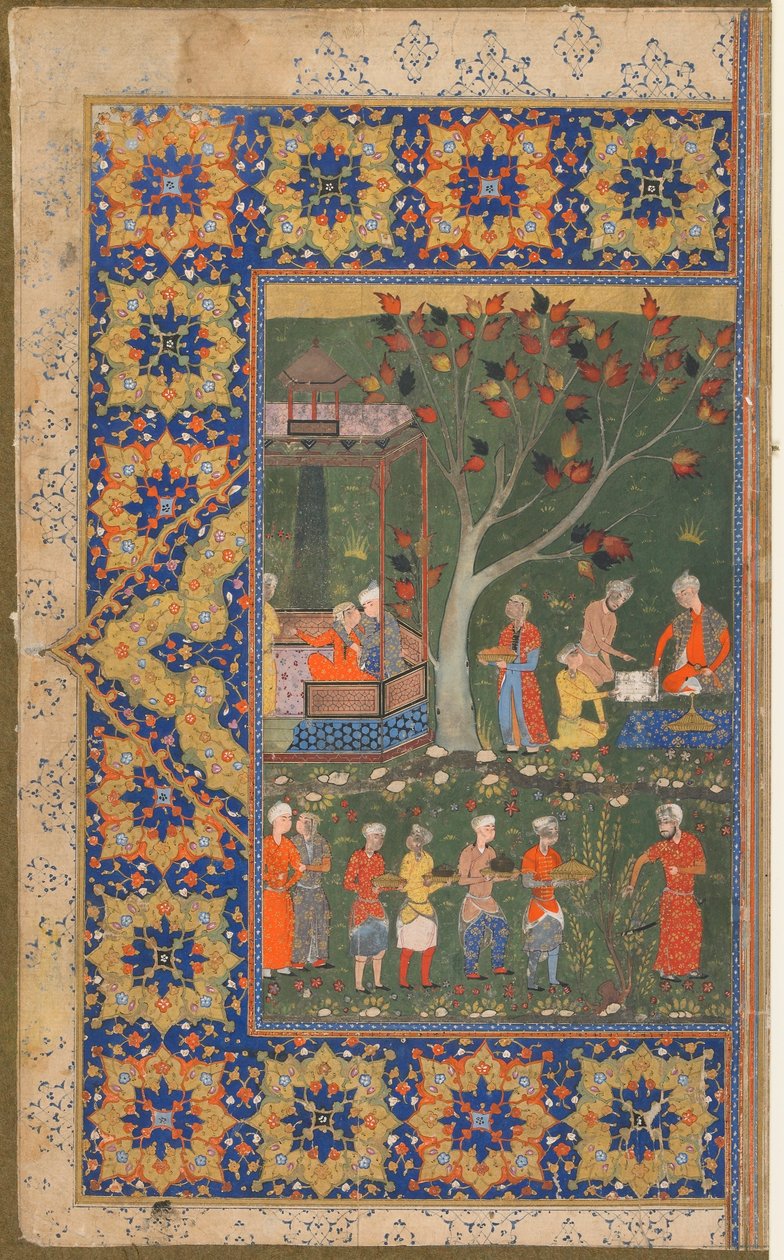 अज्ञात पाठ से फोलियो; रेक्टो: ए पार्टी इन ए गार्डन, शिराज, ईरान, c.1570 (अपारदर्शी जल रंग, कागज पर स्याही और सोना) द्वारा फारसी स्कूल