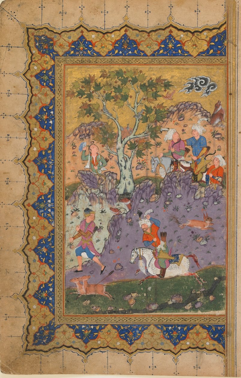अज्ञात पाठ से फोलियो; रेक्टो: ए प्रिंस हंटिंग, इस्फ़हान, ईरान, c.1600 (अपारदर्शी जल रंग, कागज पर स्याही और सोना) द्वारा फारसी स्कूल