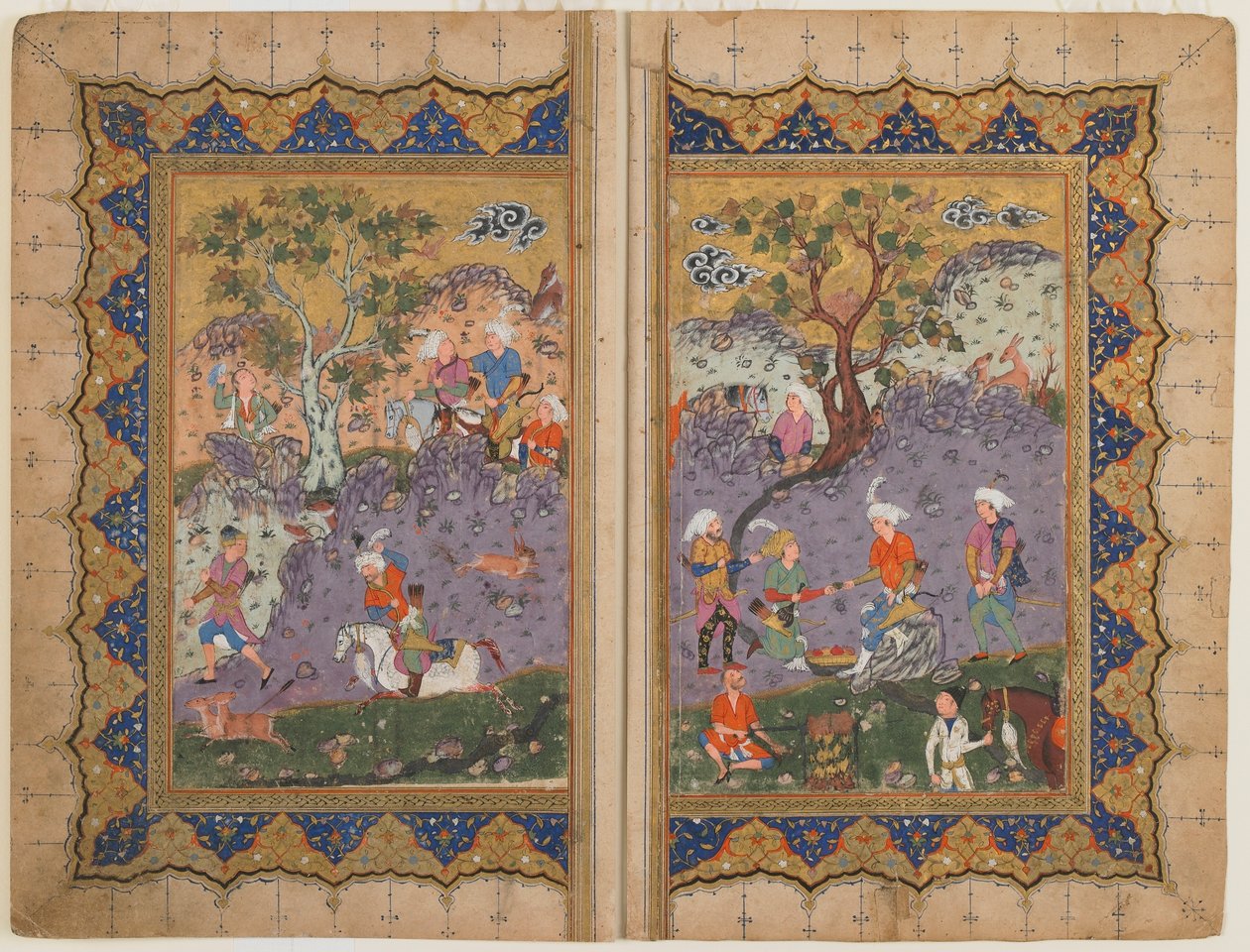 अज्ञात पाठ से फोलियो; श्लोक: ए प्रिंस अटेंडेंट, इस्फ़हान, ईरान, c.1600 (कागज पर अपारदर्शी जल रंग, स्याही और सोना) से घिरे एक चट्टान पर बैठा द्वारा फारसी स्कूल