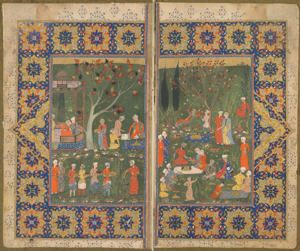 अज्ञात पाठ से फोलियो; छंद: एक बगीचे में एक पार्टी, शिराज, ईरान, c.1570 (अपारदर्शी जल रंग, कागज पर स्याही और सोना) द्वारा फारसी स्कूल