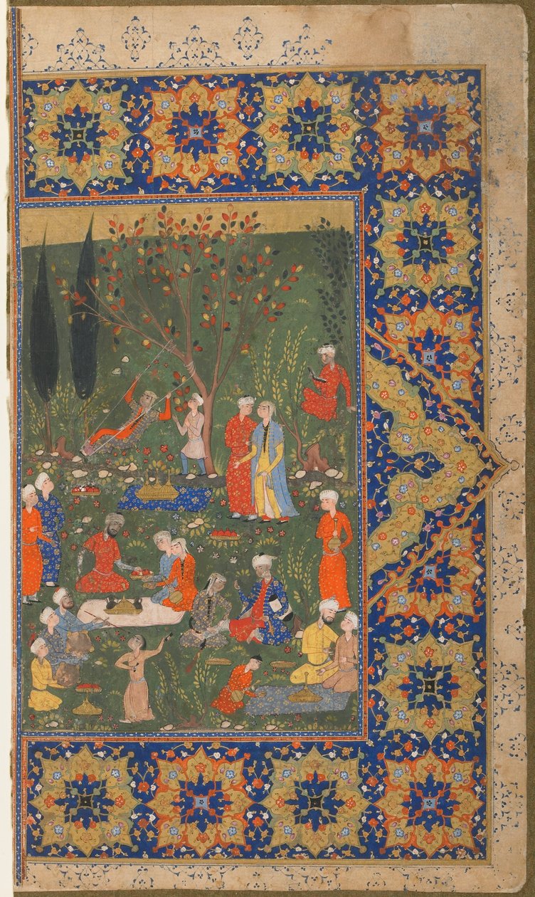 अज्ञात पाठ से फोलियो; छंद: एक बगीचे में एक पार्टी, शिराज, ईरान, c.1570 (अपारदर्शी जल रंग, कागज पर स्याही और सोना) द्वारा फारसी स्कूल