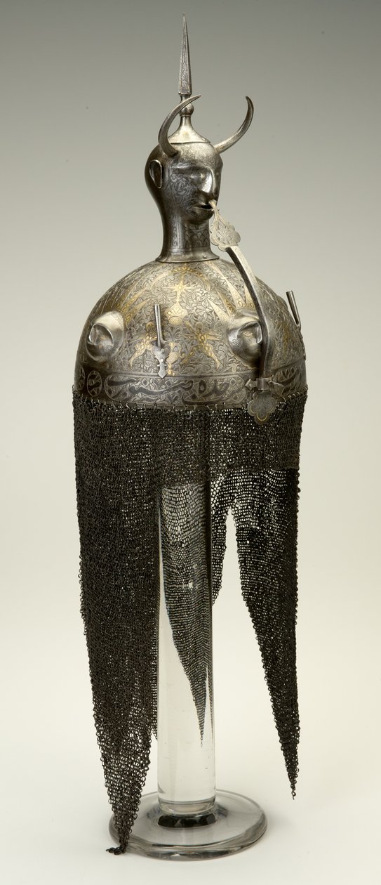 कुल्हड़, हेलमेट, c.1700s, 1800s में बदल दिया गया (सोना और चांदी जड़ना वाला लोहा) द्वारा फारसी स्कूल