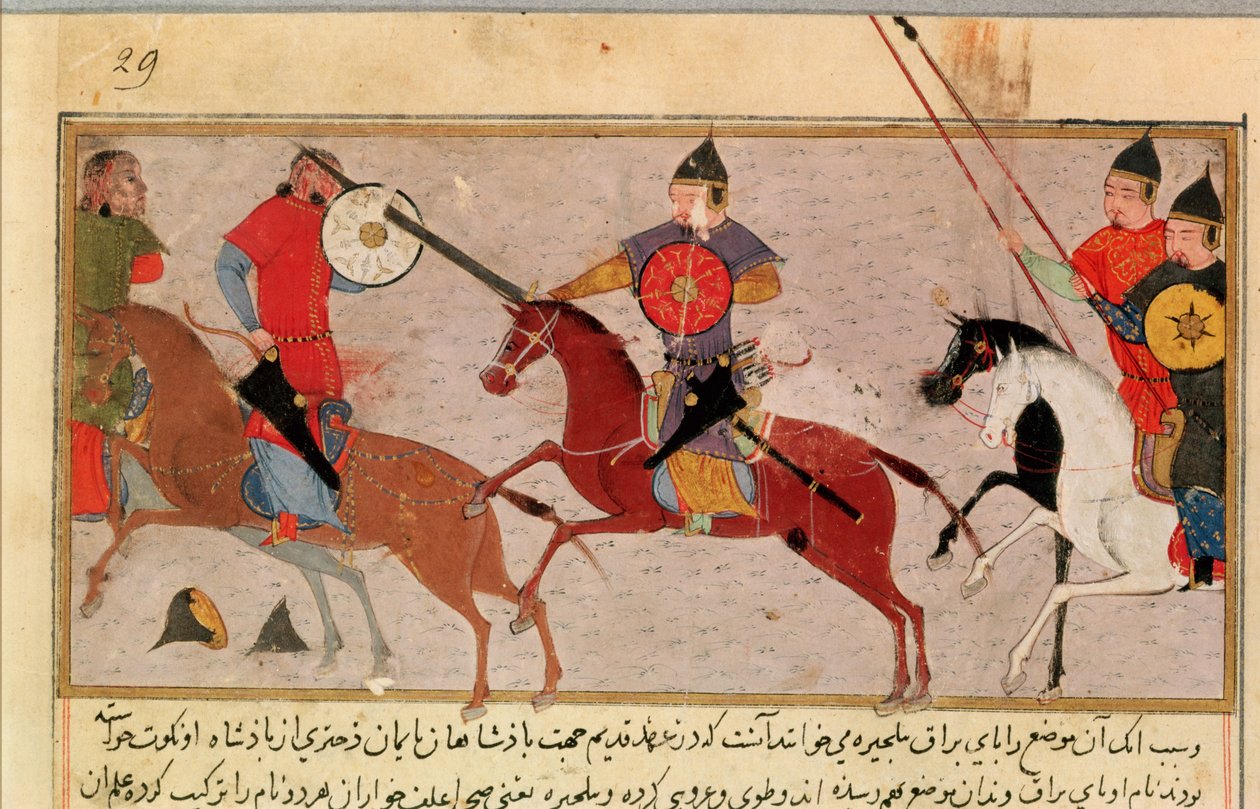 सुश्री Pers.113 f.29 चंगेज खान (c.1162-1227) रशीद-अल-दीन (1247-1318) (गौचे) की एक पुस्तक से टार्टर से लड़ना द्वारा फारसी स्कूल