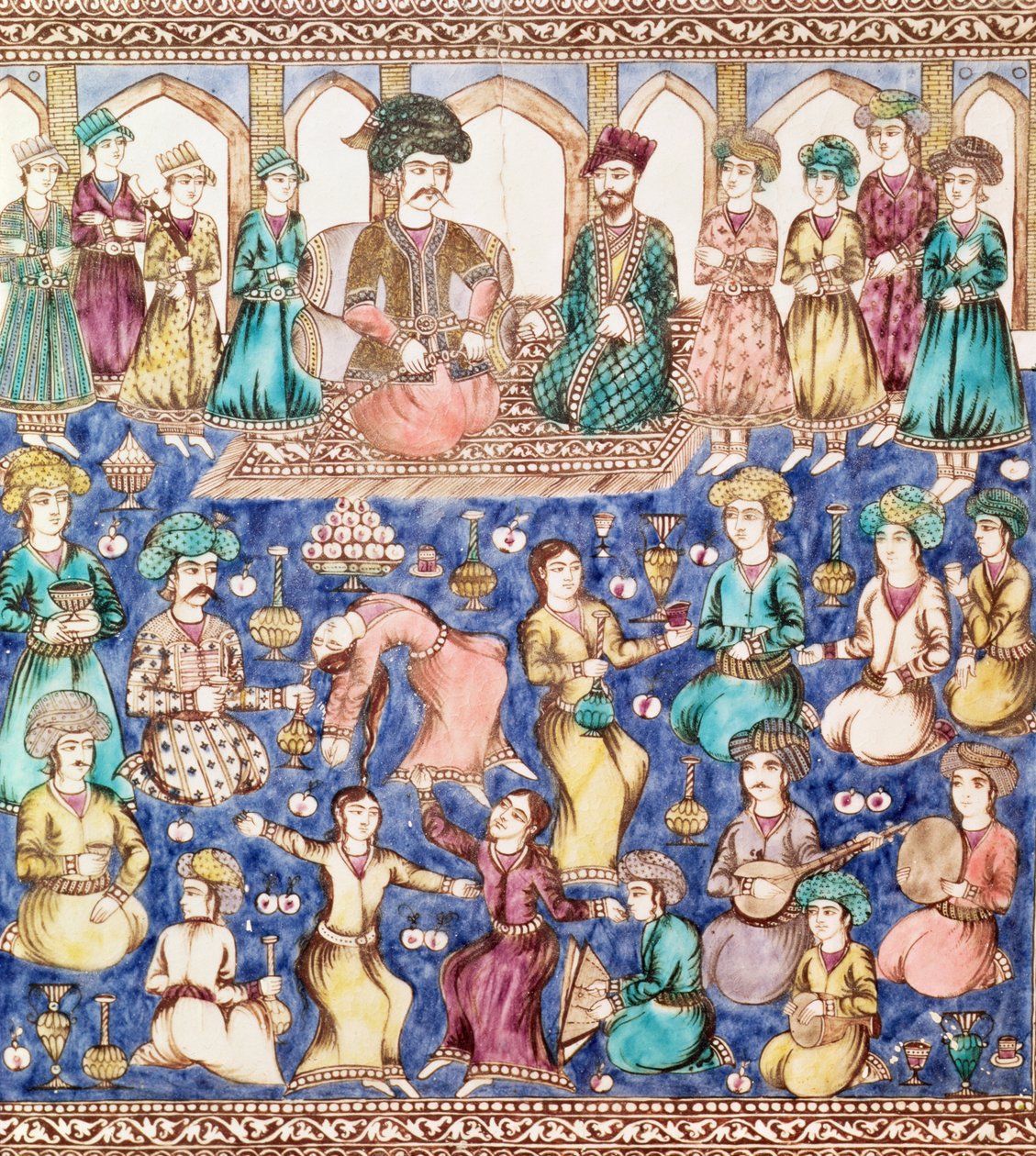 नासिर अल-दीन शाह क़ज़र (1831-96) (सिरेमिक) के दरबार में संगीतकार और नर्तक द्वारा फारसी स्कूल