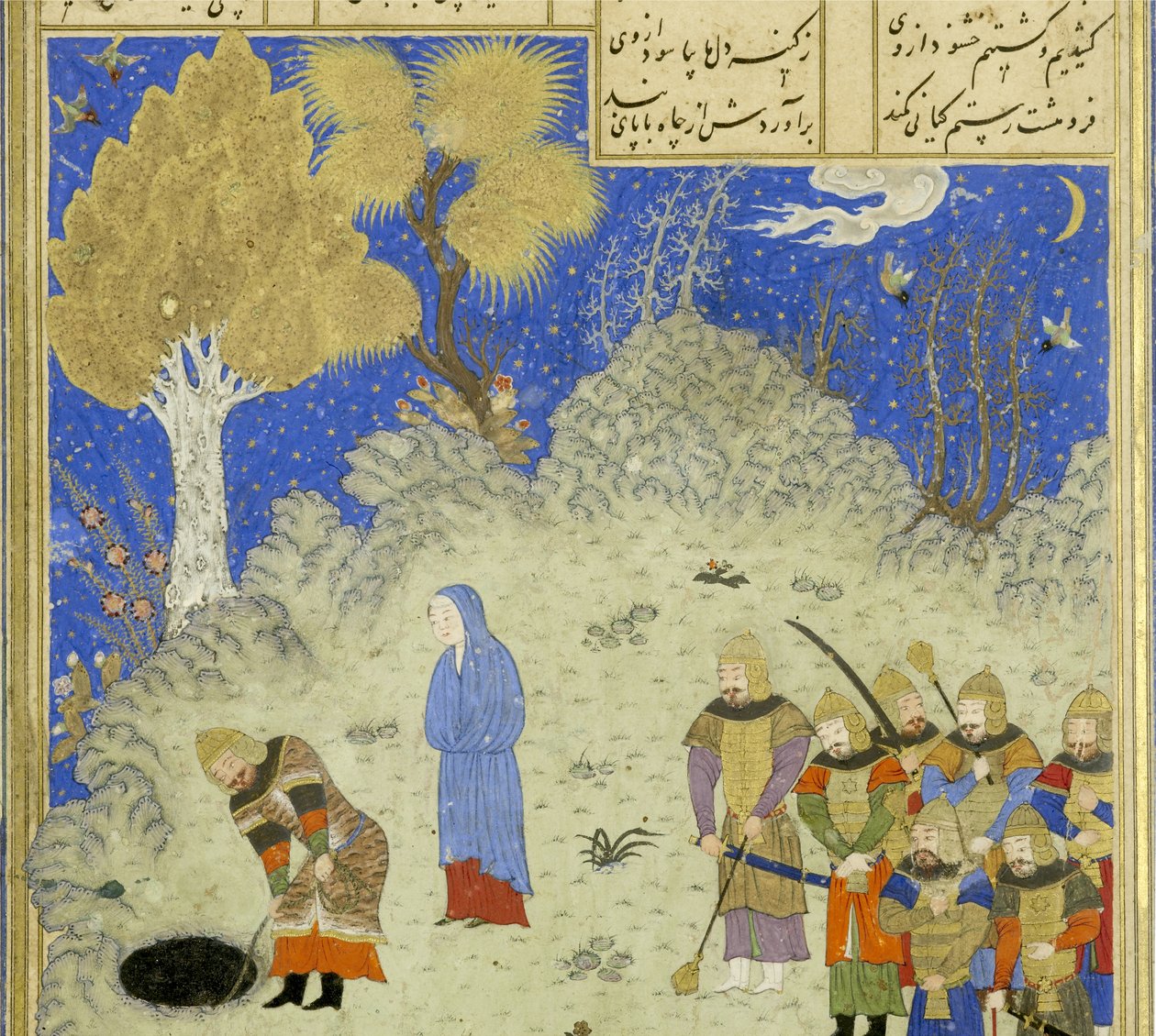 फारसी 239 fol.180a विस्तार से: रुस्तम ने बी को बचाया! गड्ढे से झन, शाहनामा (किंग्स की पुस्तक) से चित्रण, अबुल-कासिम मंसूर फ़िरदावी (c.934-c.1020, 1444 द्वारा फारसी स्कूल