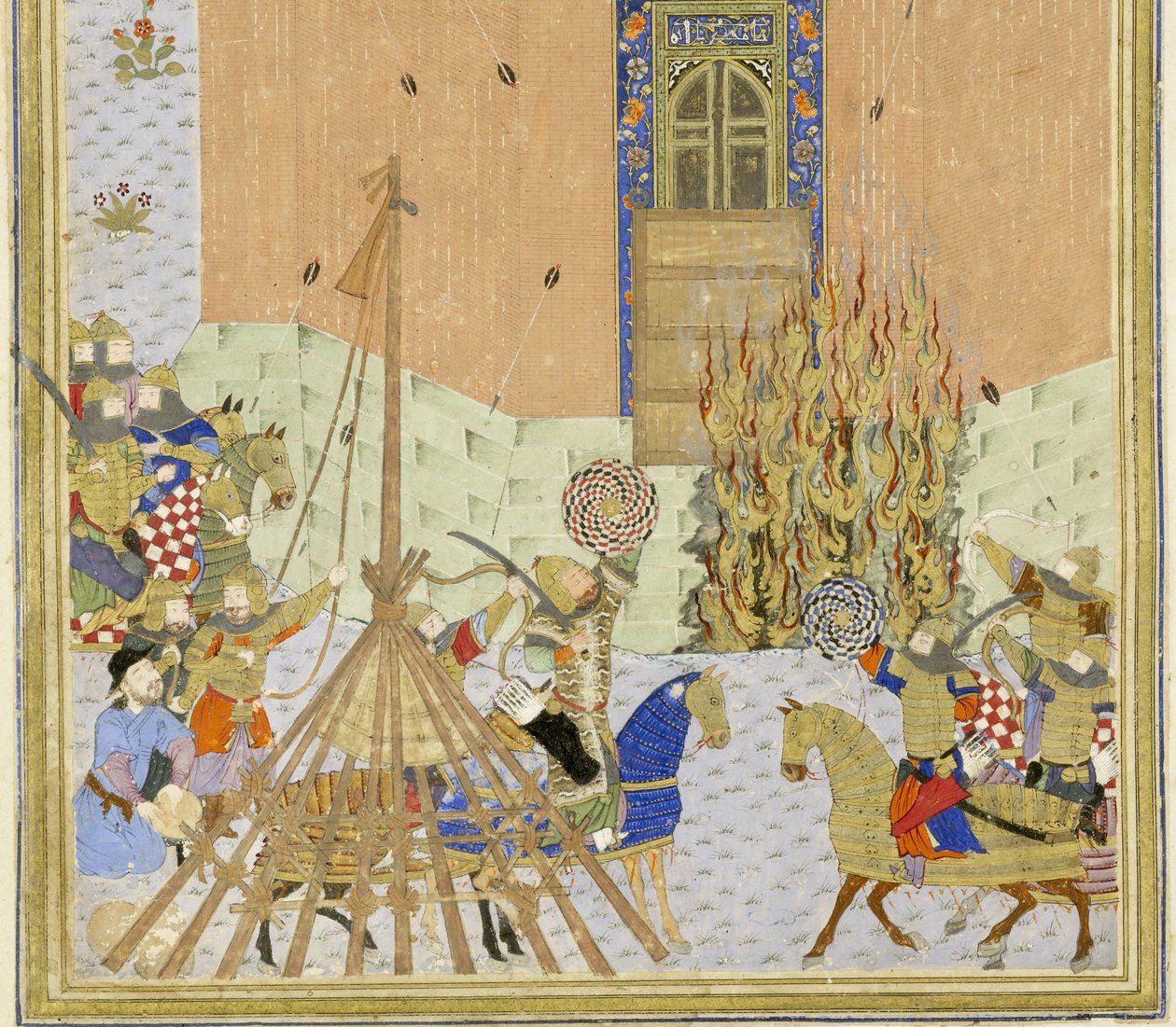 फारसी 239 fol.223a विस्तार: गंग दीज़ के किले पर खानों के साथ हमला, शाहनामा (किंग्स की पुस्तक) से चित्रण, अबुल-कासिम मंसूर फ़िरदावी (c.934-c.1020), 1444 द्वारा फारसी स्कूल