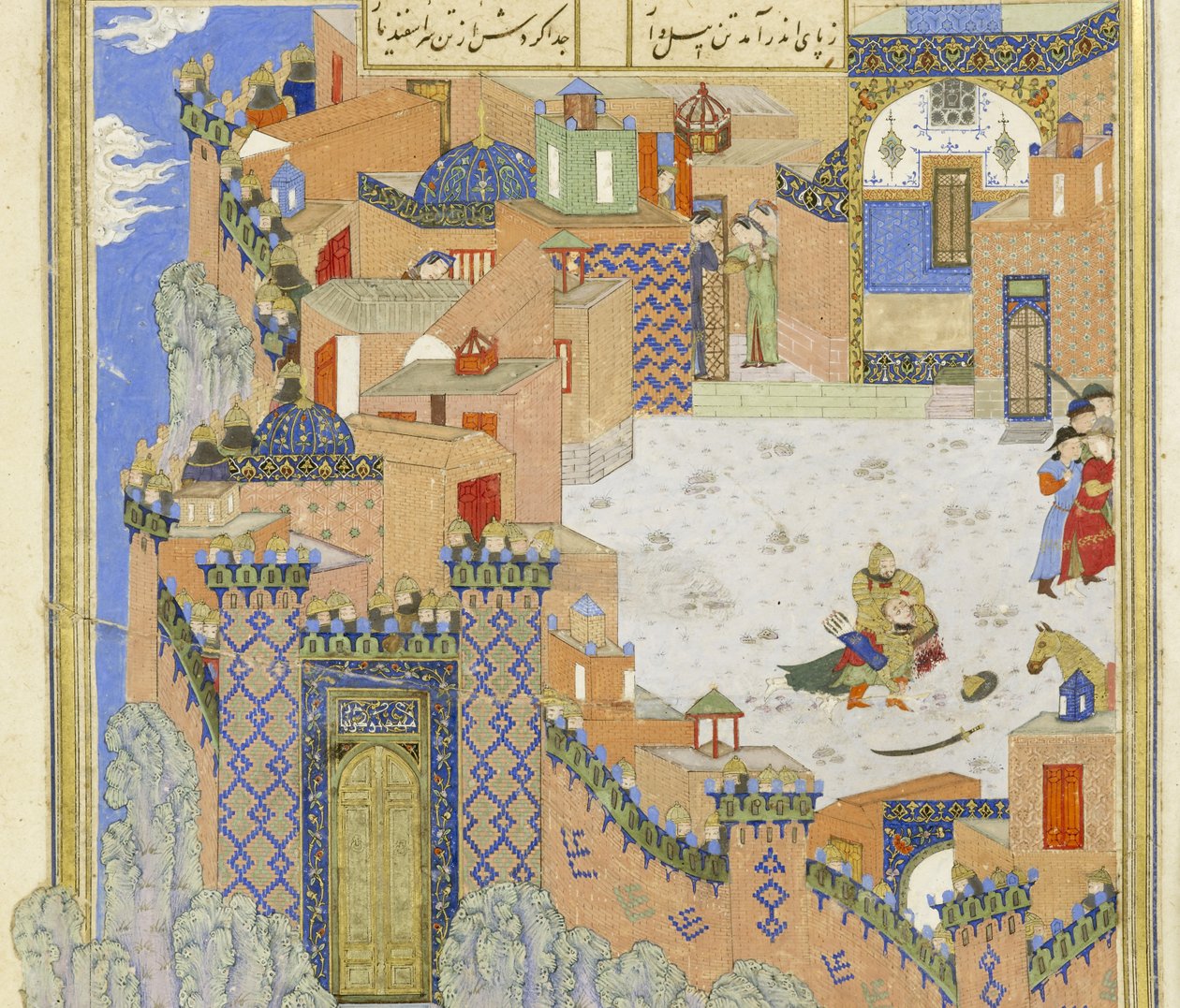 फ़ारसी 239 fol.278a विस्तार से: इस्फ़न्दिया आर स्लेज आर एस इन द ब्रेज़न होल्ड, शाहनामा (किंग ऑफ़ बुक) से चित्रण, अबुल-कासिम मंसूर फ़िरदावी (c.934-c.1020), 1444 द्वारा फारसी स्कूल