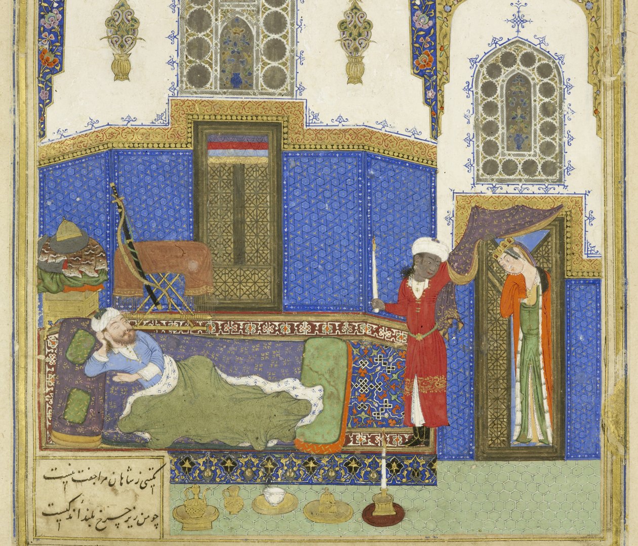 फारसी 239 fol.56b विस्तार से: तहम; नाह, रुस्तम में आता है, शाहनामा (किंग्स की पुस्तक) से चित्रण, अबुल-कासिम मंसूर फ़िरदावी (c.934-c.1020), 1444 द्वारा द्वारा फारसी स्कूल