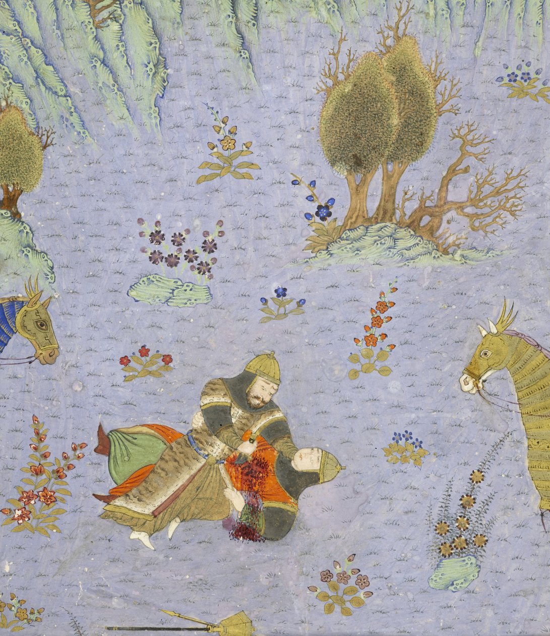 फारसी 239 fol.67b विस्तार से: सुह्र रूस्तम द्वारा मारे गए, शाहनामा (किंग्स की पुस्तक) से चित्रण, अबुल-कासिम मंसूर फ़िरदावी द्वारा (c.934-c.1020), 1444 द्वारा फारसी स्कूल