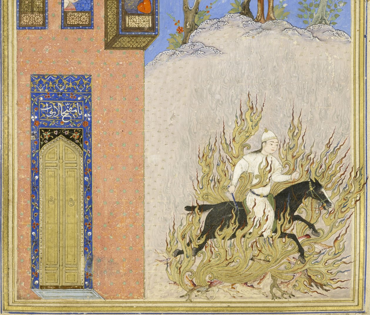 फारसी 239 fol.76a विस्तार से: सिया की अग्नि परीक्षा; वुश, शाहनामा (राजाओं की पुस्तक), अबुल-कासिम मंसूर फ़िरदावी द्वारा चित्रण (c.934-c.1020), 1455 द्वारा फारसी स्कूल