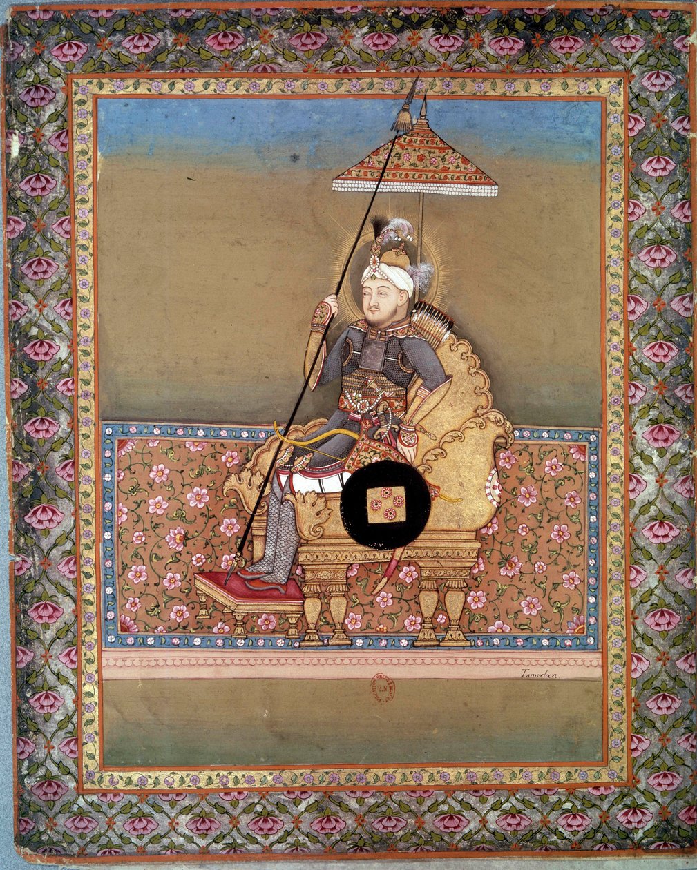 मंगोलियाई प्रमुख तामेरलान (1336-1405) (या तैमूर लैंग, "तैमूर द लंगड़ा") का पोर्ट्रेट। 15वीं शताब्दी का फारसी लघुचित्र। पेरिस, बीएन द्वारा फारसी स्कूल