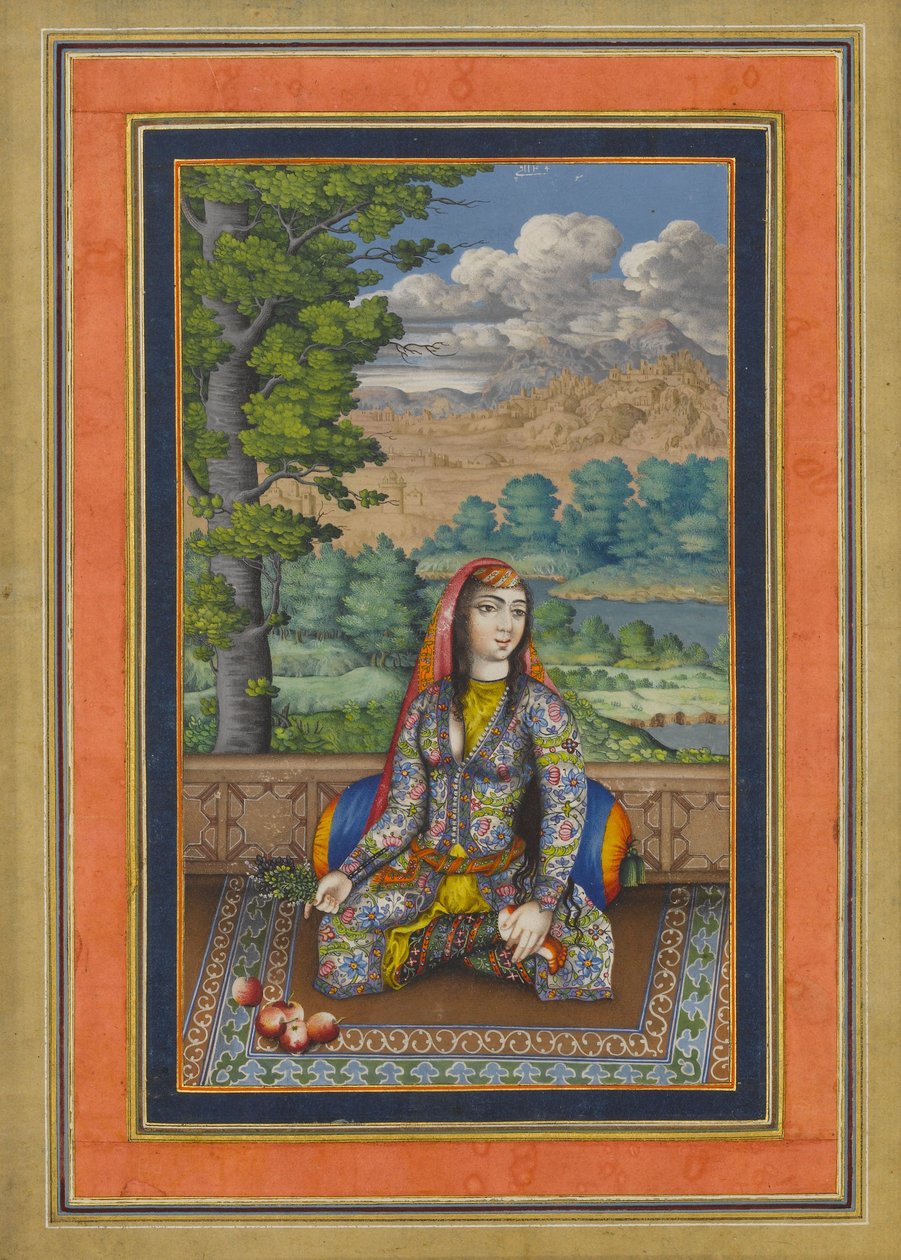 फारसी महिला का चित्रण, डेविस एल्बम का फोलियो, सी .1736-37 (स्याही, अपारदर्शी जल रंग और कागज पर सोना) द्वारा फारसी स्कूल