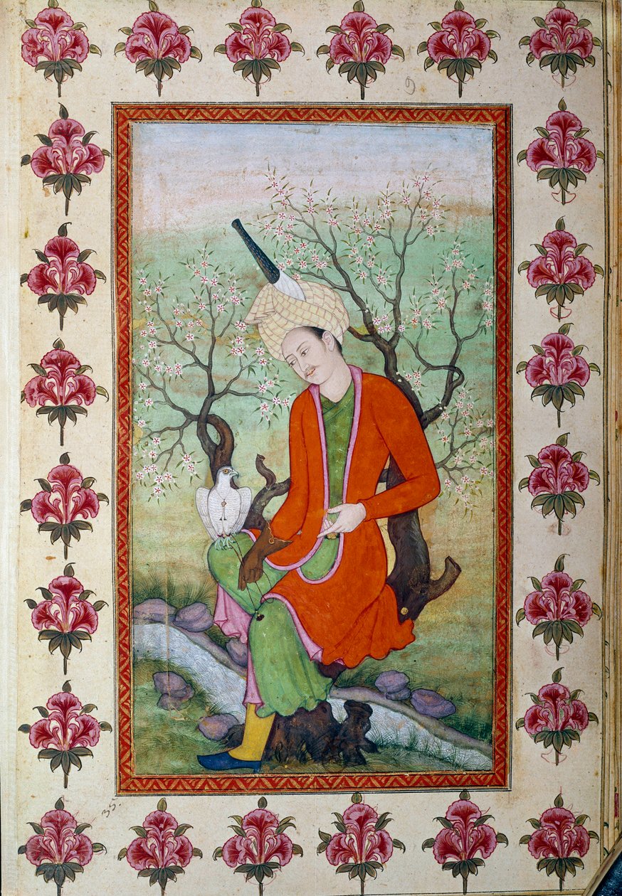 बाज के साथ शिकार करते हुए आराम करते राजकुमार। फ़ारसी लघु द्वारा फारसी स्कूल