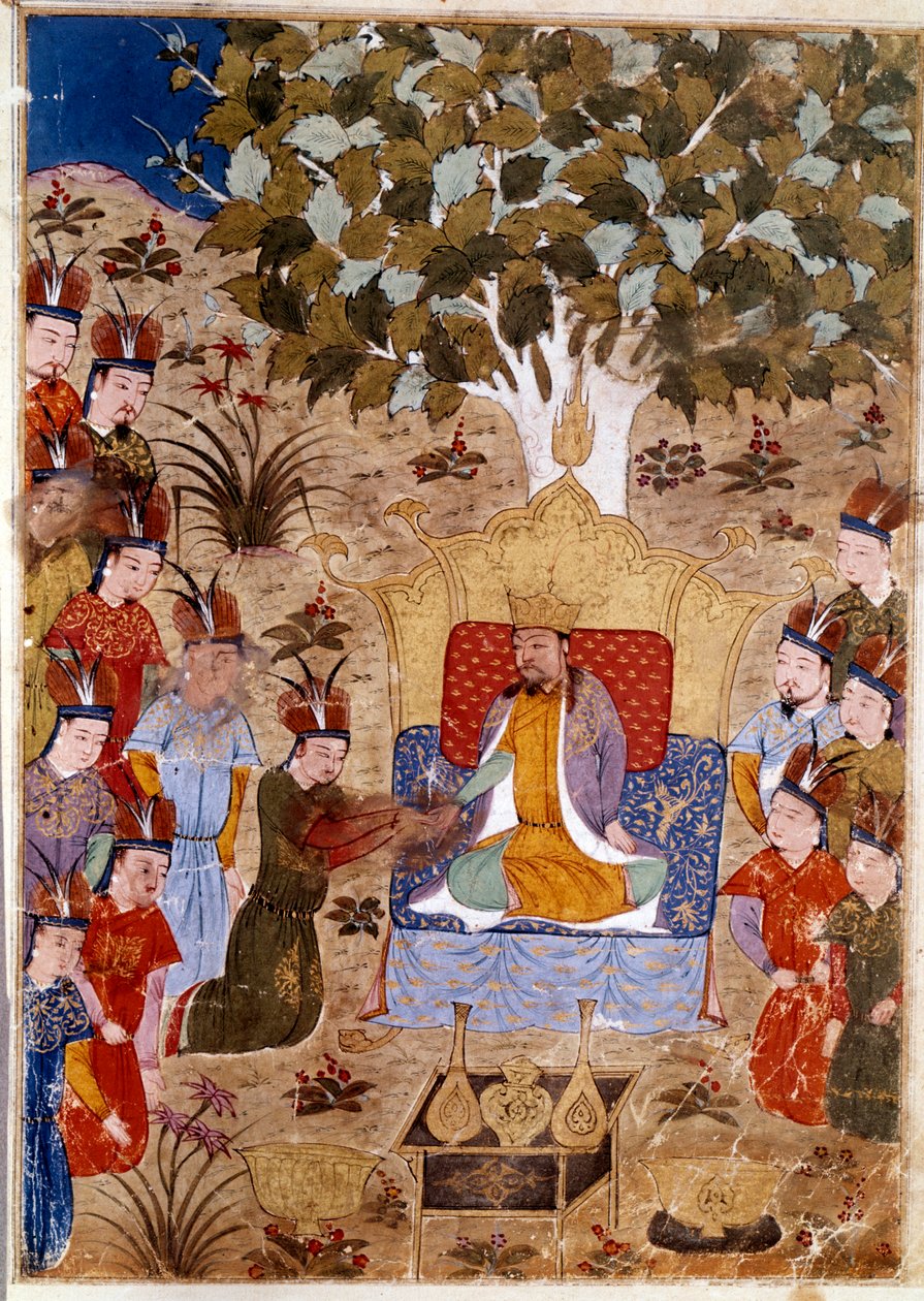 अपने सिंहासन पर चगताई खान (1227-1242) का प्रतिनिधित्व, वह घोड़े पर चंगेज खान का पुत्र है। जामी अल-तवारीख" (जामी अल तवारीख) या "सार्वभौमिक इतिहास" से इतिहासकार राशिद अल-दीन (अल दीन) (1247-1318) द्वारा 1430 के आसपास लिया गया फ़ारसी लघुचित्र। द्वारा फारसी स्कूल