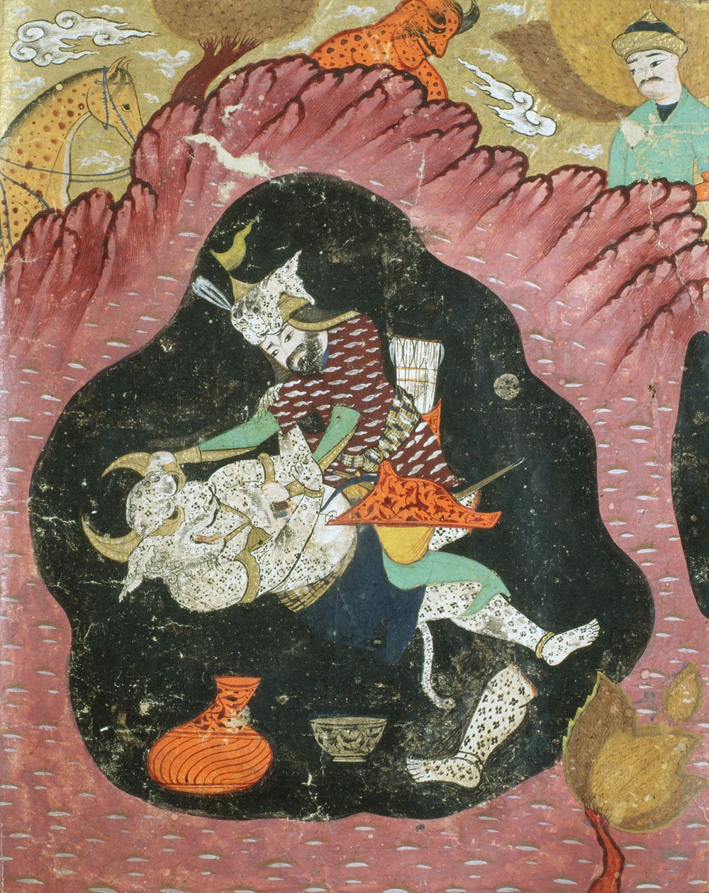 रुस्तम ने एक गुफा में श्वेत दानव को मार डाला, अबुल-कासिम मनूर फ़िरदावी द्वारा शाहनामा (राजाओं की पुस्तक) का चित्रण (c.934-c.1020) 1615 द्वारा फारसी स्कूल