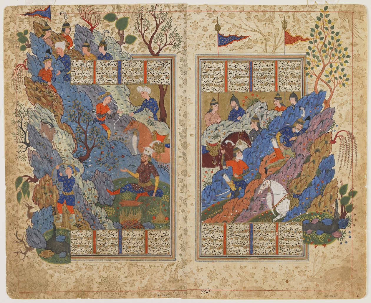 रुस्तम ने शाहनामा (राजाओं की पुस्तक), c.1590-1600 (स्याही, अपारदर्शी जल रंग और कागज पर सोना) से बहमन द्वारा उस पर लुढ़का हुआ चट्टान वापस ले लिया। द्वारा फारसी स्कूल