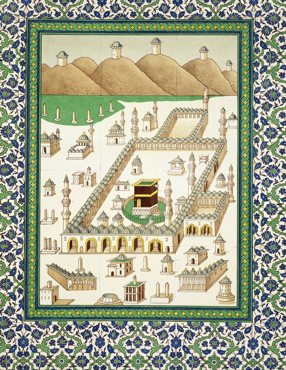 मक्का के योजनाबद्ध दृश्य, फ़ारसी चीनी मिट्टी की चीज़ें (प्रिंट) पर एक किताब से क़ुबा दिखाते हुए द्वारा फारसी स्कूल