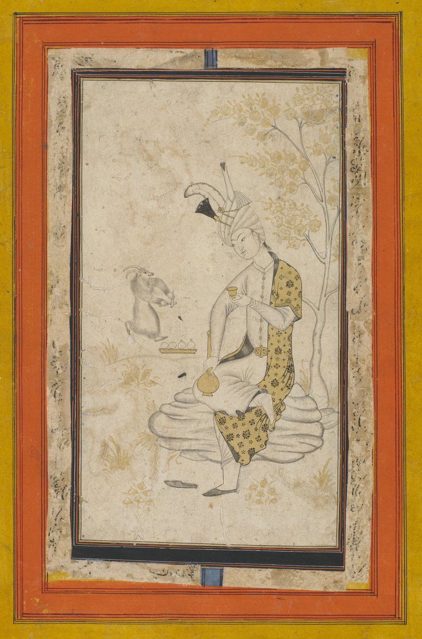 शाह तहमास्प मैं चट्टान पर बैठा, सफ़वीद वंश (कागज पर स्याही और सोना) द्वारा फारसी स्कूल