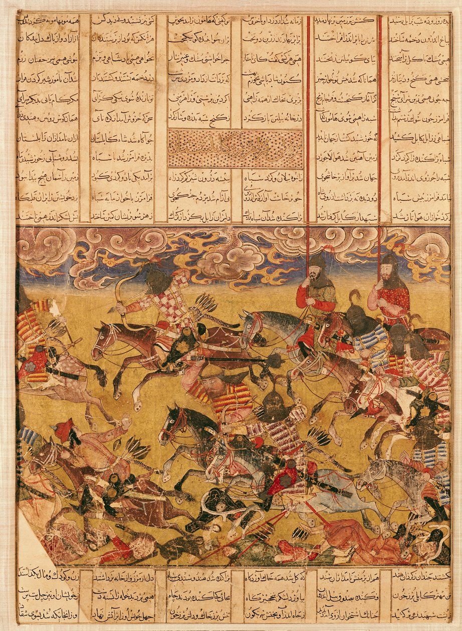 फ़ारमोज़ के कैवलियर्स का प्रभार, अबू-कासिम मनूर फ़िरदावी (c.934-c.1020) (कागज पर गौचे) द्वारा &39;शाहनामा&39; (किंग्स की पुस्तक) से चित्रण द्वारा फारसी स्कूल
