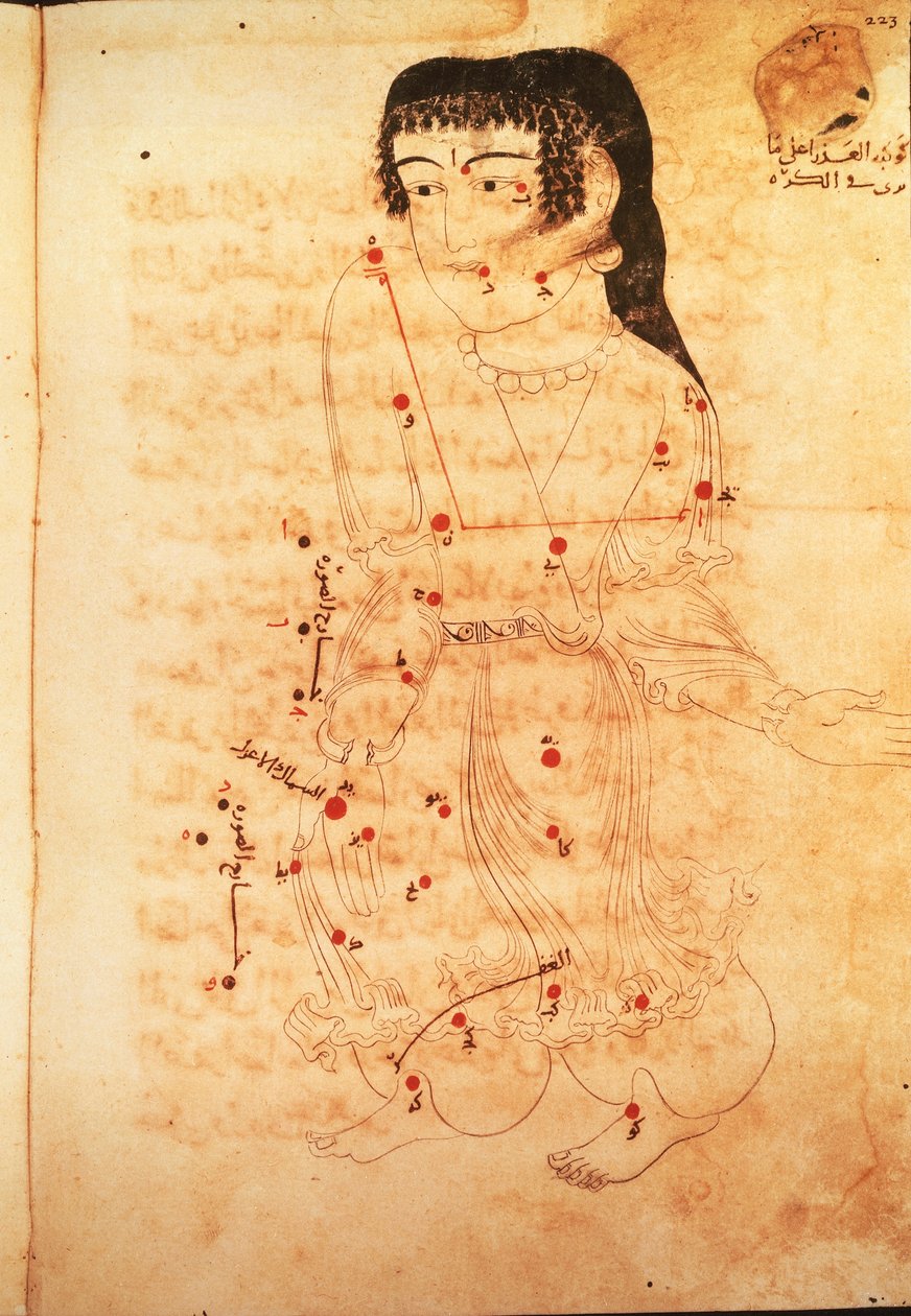 कन्या राशि का नक्षत्र, अज़ोफी (अब्द अल-रहमान अल-सूफी) (वेल्लम) द्वारा 'द बुक ऑफ फिक्स्ड स्टार्स' का चित्रण द्वारा फारसी स्कूल