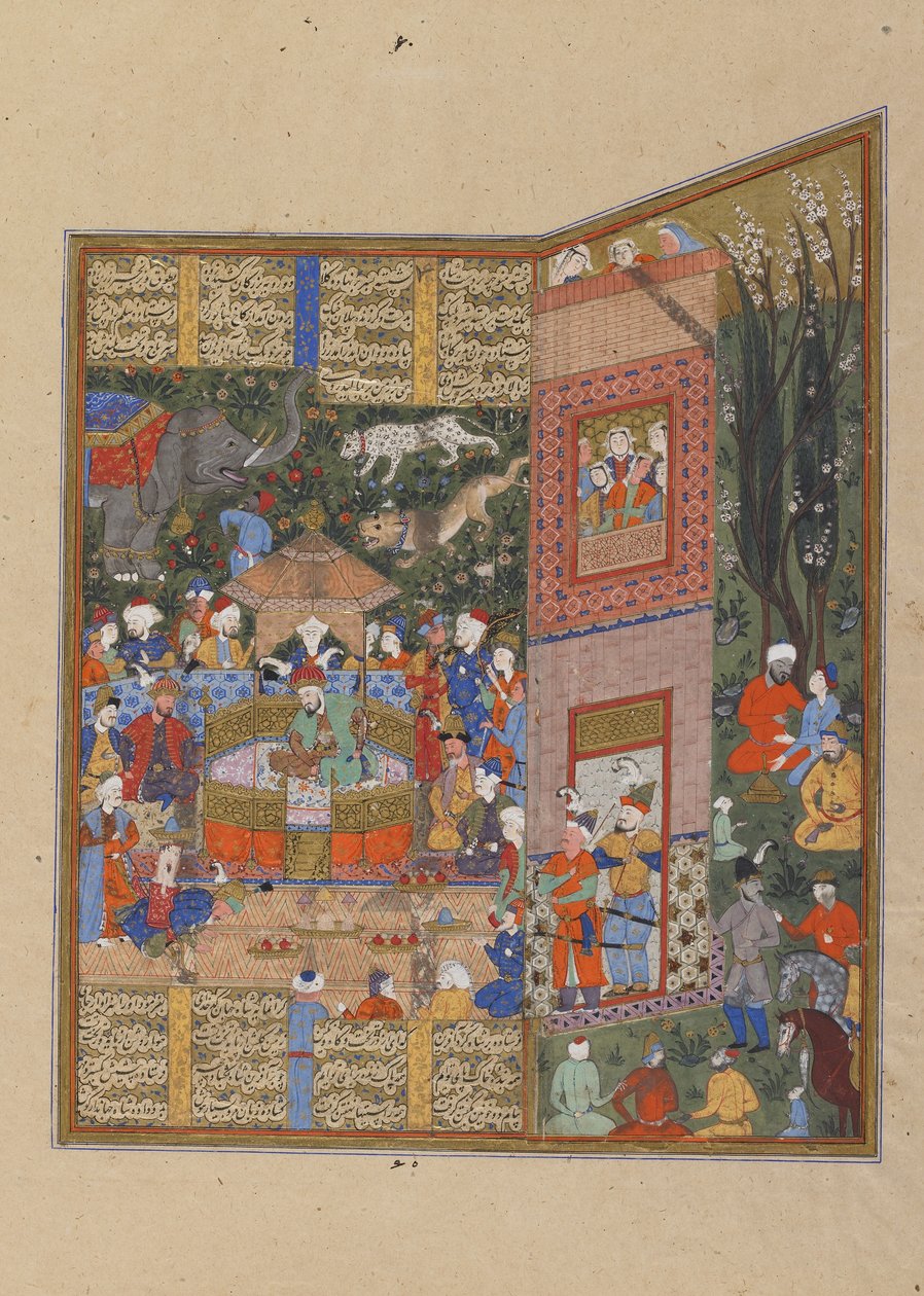 फरीदुन से पहले सालम और तूर के दूत, c.1560 (अपारदर्शी जल रंग, कागज पर स्याही और सोना) द्वारा फारसी स्कूल
