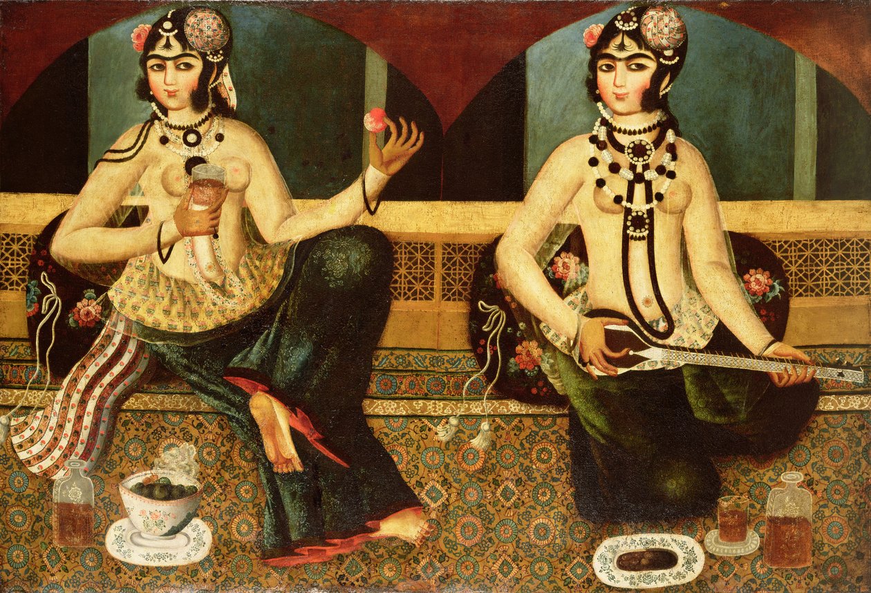दो हरम देवियाँ, क़ज़र, फ़ारसी, c.1811-14 द्वारा फारसी स्कूल