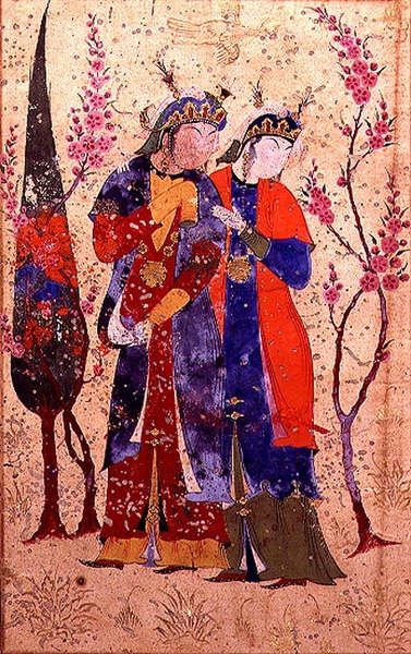 एक बगीचे के परिदृश्य में दो राजकुमारियाँ, तोहफ़त अल-अहरार, बोखरा स्कूल से द्वारा फारसी स्कूल
