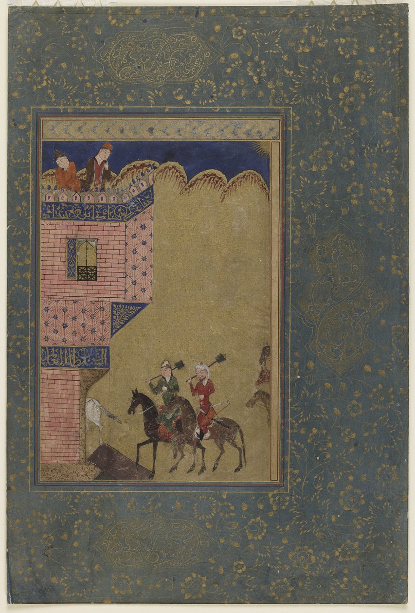 दो सवारों को एक महल के पास ले जाते हुए, c.1417-18 द्वारा फारसी स्कूल