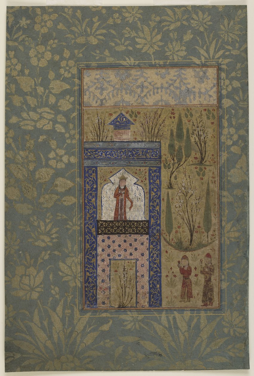 एक खिड़की पर एक राजकुमारी से पहले दो युवक, c.1417-18 (कागज पर अपारदर्शी जल रंग और सोना) द्वारा फारसी स्कूल