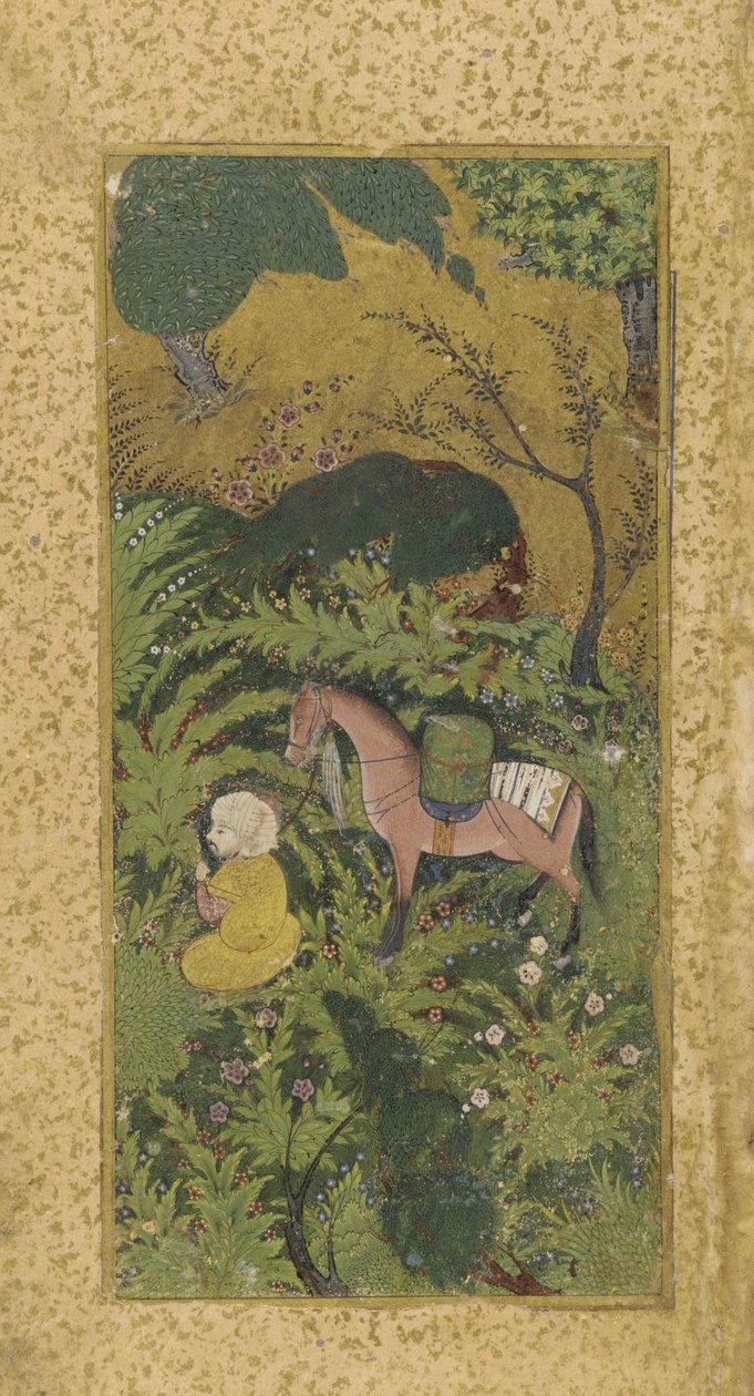 वुडेड ग्रोव में घोड़े के साथ प्रतीक्षा करने वाला दूल्हा, शायद तबरीज़, तुर्कमन राजवंश, c.1500 (कागज पर अपारदर्शी जल रंग और सोना) द्वारा फारसी स्कूल